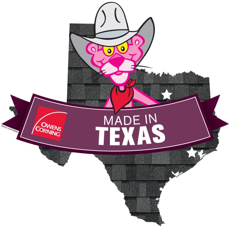 A cartoon character resembling a pink panther wearing a cowboy hat and bandana, standing on a stylized map of Texas with a dark shingle background and a banner that reads 'Made in Texas'.