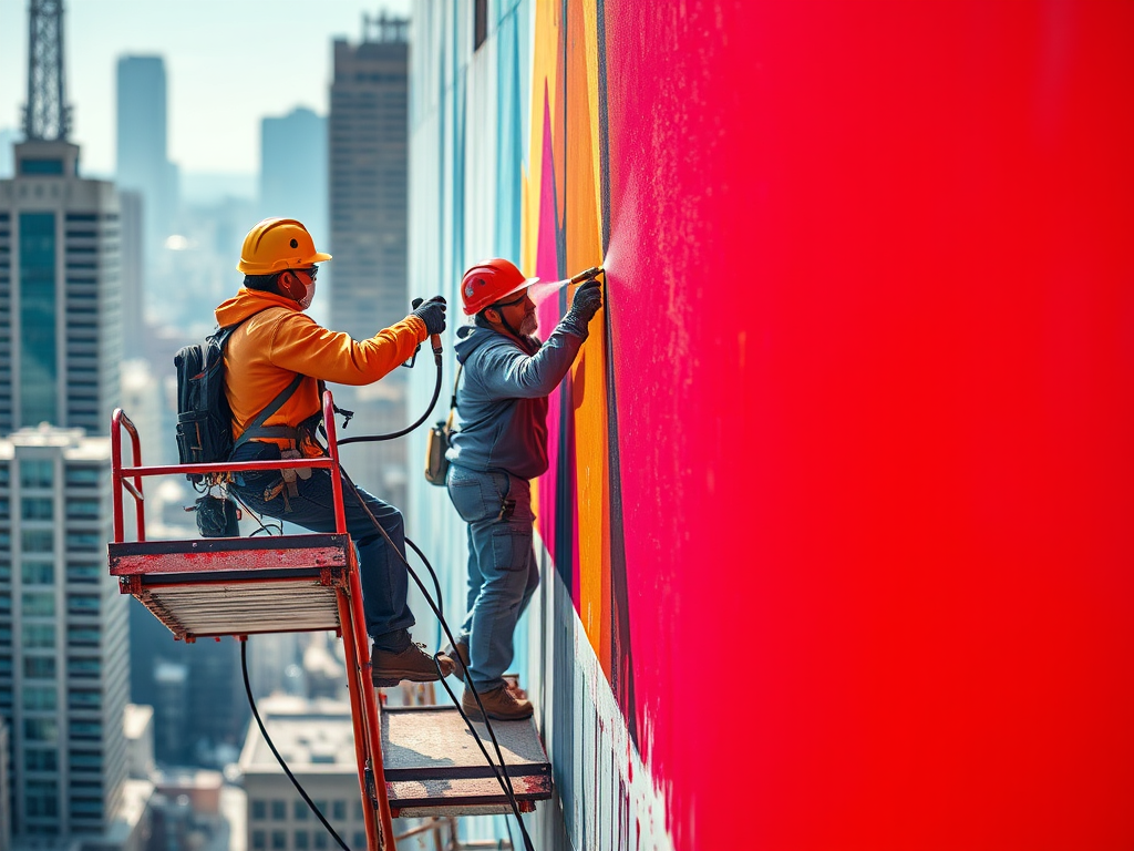 Two workers in safety gear painting a large wall, one on a scaffold and the other using a spray tool, with a city skyline in the background.