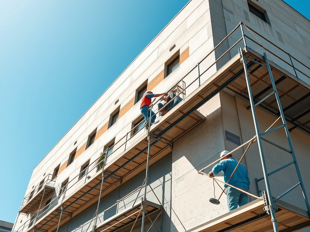 Workers on scaffolding performing stucco construction work.